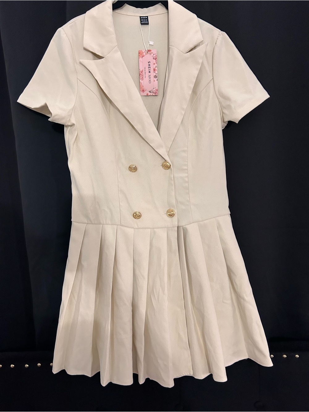 SHEIN Cream Double-Breasted Pleated Short-Sleeve Dress with Gold Buttons